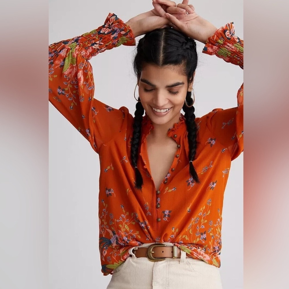 🔥Anthro burnt orange and navy floral long sleeve top Small